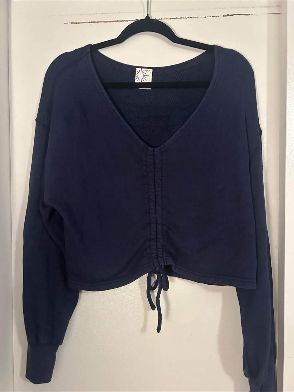 aerie Navy V-Neck Drawstring Crop Hoodie